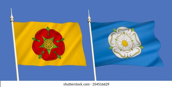 The English County Flags Of Lancashire And Yorkshire - With The Red Rose Of Lancashire And The White Rose Of Yorkshire.