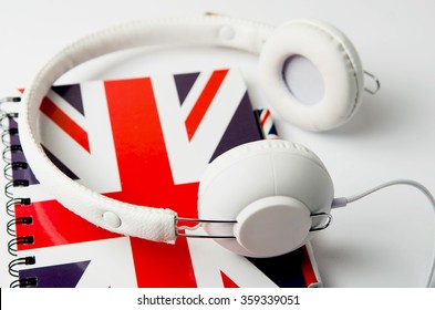 English Courses Logo Concept With British Flag And Headphones. English School Logotype