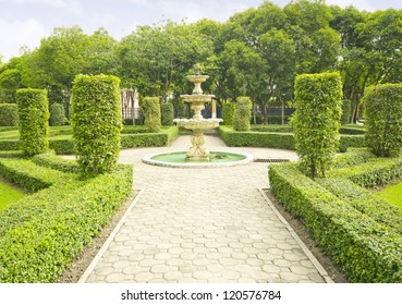 English garden in summer, Lush Green Topiary