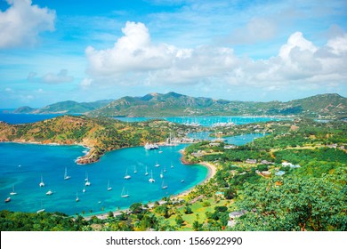 English Harbor from Shirley Heights, Antigua, paradise bay at tropical island in the Caribbean Sea