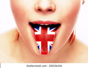 English Language Tongue Open Mouth With Flag Britain Woman Face