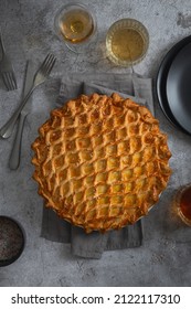 English Meat Pie. Pork Pie. Traditional British Pie. Freshly Baked Homemade Savory Pies With Golden Crust. Traditional Lattice Top Savoury Pork Pie. Food Photography, Food Styling. English Cuisine.