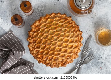 English meat pie. Pork pie. Traditional British pie. Freshly baked homemade savory pies with golden crust. Pie with pastry decoration on top. Food photography, food styling. English cuisine. - Powered by Shutterstock