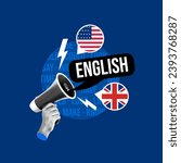 English, megaphone, learning English, teaching English, message in English, promotion in another language, United States, England