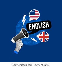 English, megaphone, learning English, teaching English, message in English, promotion in another language, United States, England