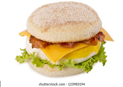 English Muffin With Bacon, Egg, Cheese On A White Background