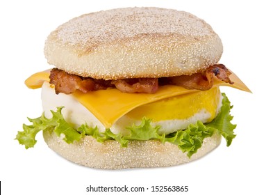 English Muffin With Bacon, Egg, Cheese On A White Background.