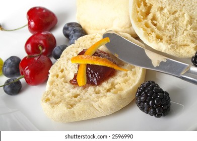 English Muffin With Jam And Assorted Fruits.