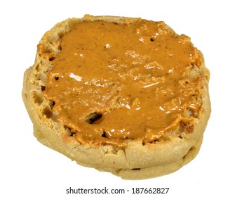 English Muffin With Peanut Butter On A White Background.