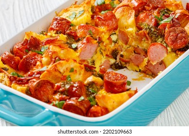 English Muffin Sausage Egg Bake In Baking Dish , Close-up