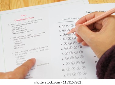 English multiple choice test on table