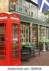 English Pub With Exterior Red Telephone Booth