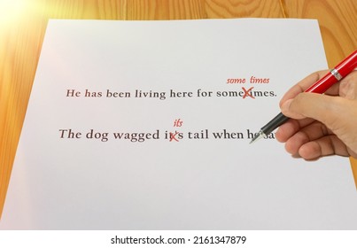 English Sentences With Red Mark Of Its Grammar Error For Proofreading