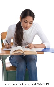 English Spelling-bee Contest Education Series - Ethnic Indian Female High School Student Studying Dictionary Preparing For Test, Exam Or Spelling Bee Contest
