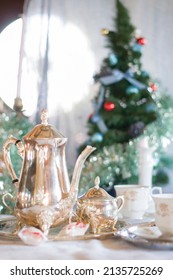 English Tea Party, Silver Tea Set Against The Background Of The Christmas 