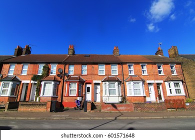 English Terraced House With Lovely Blue Sky In Spring, England UK.