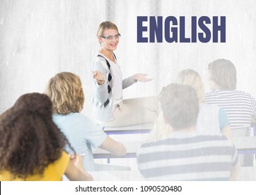 English Text And Teacher With Class