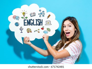 English text with young woman holding a speech bubble on a blue background