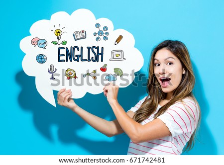 English text with young woman holding a speech bubble on a blue background