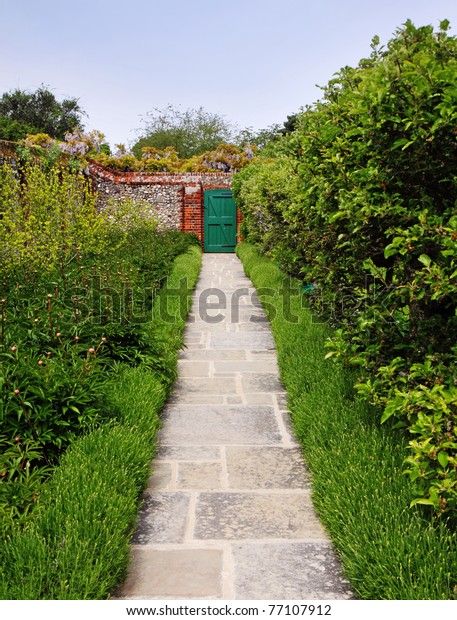 English Walled Garden Path Between Flowerbeds Stock Photo Edit