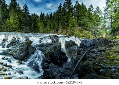 Englishman River upper waterfalls upper section wide angle view in Spring, Parksville BC Canada 2.