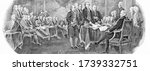 Engraved modified reproduction of the painting "Signing of the Declaration of Independence" in 1776 (painting by John Trumbull). Portrait from United States of America 2 Dollars 1976 Banknotes.