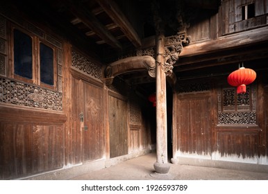 Engraved Wood Beam And Column Of An Old House In China