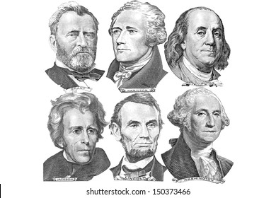 Engravings Of Portraits Of Six Presidents With U.S. Dollar Bills