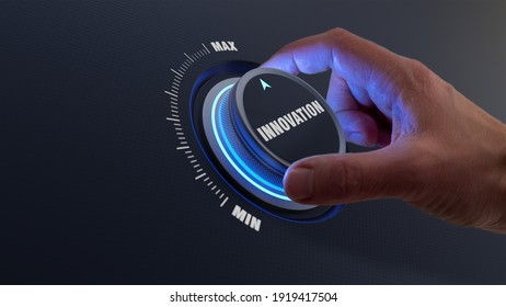Enhancing innovation and technology development concept with a person choosing higher innovative products by turning a knob or dial by hand. Business strategy about engineering and research.