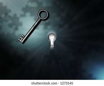 Enigma: A bright light shines from a keyhole, puzzle piece shadows, and a waiting key