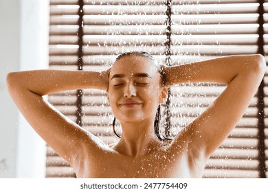 Enjoy Cool Shower. Woman Washing Long Hair Under Water Jet - Powered by Shutterstock