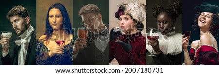 Enjoy delicious alcoholic drinks. Medieval people as a royalty persons in vintage clothing on dark background. Concept of comparison of eras, modernity. Creative collage. Flyer