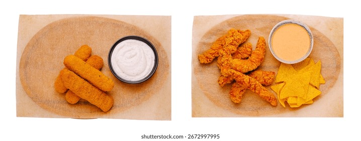 Enjoy a selection of crispy appetizers featuring fried snacks and dipping sauces, beautifully presented on wooden trays in a relaxed restaurant atmosphere.