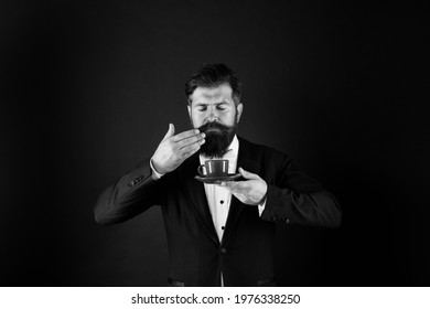 Enjoy Its Unique Flavor Notes. Hipster Enjoy Coffee Aroma. Bearded Man Sniff Aromatic Drink. Pleasant Sensory Experience. Morning Beverage. Breakfast Tea. Smell And Enjoy. Take Pleasure And Enjoy