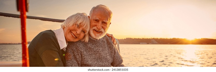 Enjoying amazing sunset. Happy senior couple, elderly man and woman holding hands, hugging and relaxing together while sitting on the side of yacht deck floating in the sea - Powered by Shutterstock