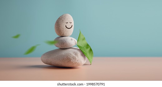 Enjoying Life, Harmony and Positive Mind Concept. Stack of Stable Pebble Stone with Smiling Face Cartoon and Leaf. Serene, Balancing Body, Mind, Soul and Spirit. Mental Health Practice - Shutterstock ID 1998570791
