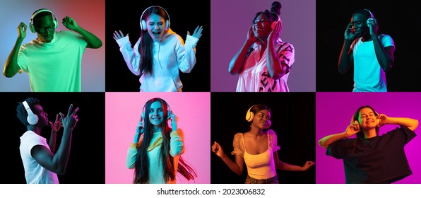 Enjoying music. Collage of 6 ethnically diverse people, men and women in headphones dancing, moving cheerfully isolated over neon multicolored background. Concept of emotions, facial expression