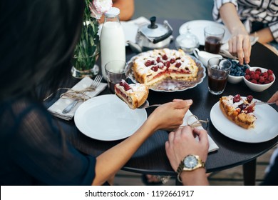 Enjoying Pie With Friends. Group Of People Having Breakfast Together. Food, Eating And Family Concept