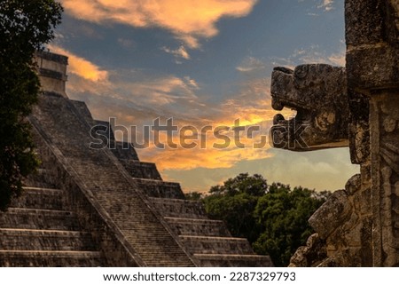 Enjoying the pyramid of Chichen itza from the platform of eagles and jaguars with the god Kukulcan, the feathered serpent of the Mayan civilization.