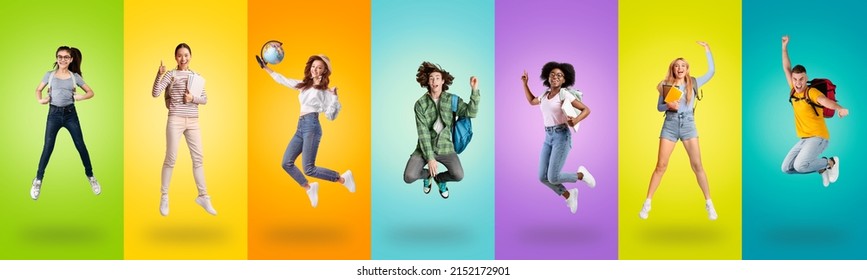 Enjoying Students Life. Full body length portrait of diverse group of people jumping up wearing backpacks and holding notepads over bright colorful gradient studio background wall celebrating vacation
