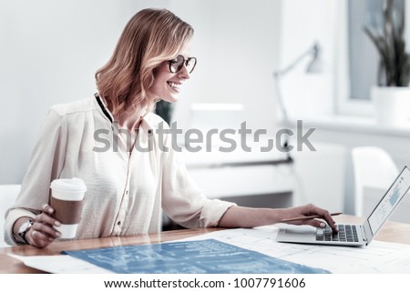 Similar – Image, Stock Photo Woman with laptop drinking coffee