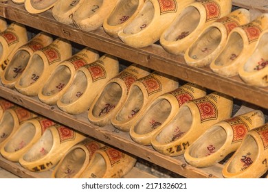Enkhuizen, Netherlands. June 2022. Old-fashioned clogs at the Zuiderzee Museum in Enkhuizen. High quality photo. Selective focus.