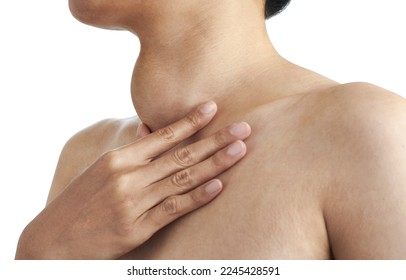Enlarged thyroid gland, Woman palpation her neck, Woman with enlarged thyroid gland on white background - Shutterstock ID 2245428591