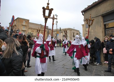 Enna, Italy - 15 April 2022: members of congregation marching du