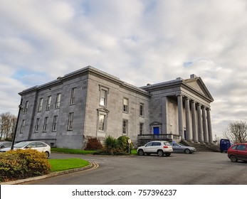 Ennis, Ireland - Nov 17th, 2017: Ennis Court Office, Offices & Maps and Courts Service of Ireland. Was built in 1850 in a Neoclassical style.