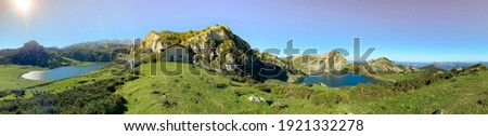 Enol and Ercina lakes (Lagos de Covadonga) panoramic at Picos de Europa in Asturias, Spain.