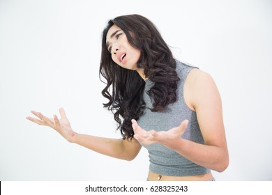 Enraged Young Asian Woman With Hands Up, Beautiful Asian Lady Boy Are Not Understanding And Feeling Bad, Angry Concept, Isolated On White Background