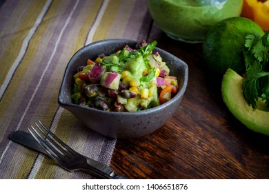 Ensalada De Frijoles Y Maiz, Mexican Corn Salad With Creamy Avocado Dressing And Ingredients Surrounding