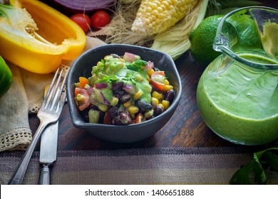 Ensalada De Frijoles Y Maiz, Mexican Corn Salad With Creamy Avocado Dressing And Ingredients Surrounding