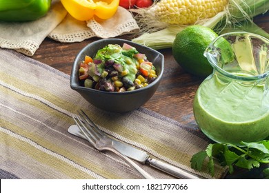 Ensalada De Frijoles Y Maiz, Mexican Corn Salad With Creamy Avocado Dressing And Ingredients Surrounding